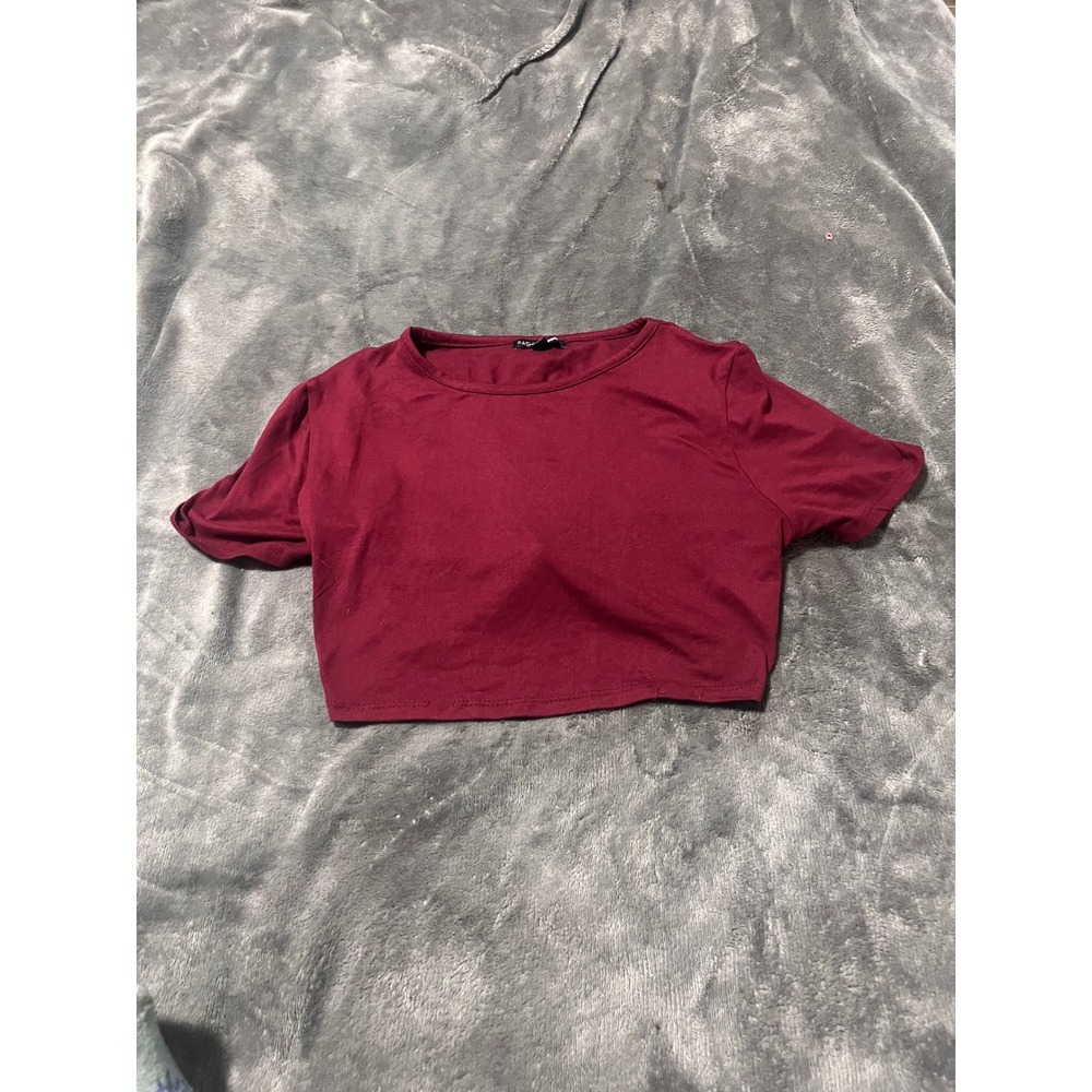 Fashion Nova Burgundy Lace Up Back Crop Top Short Sleeve Wine Red Crew Neck